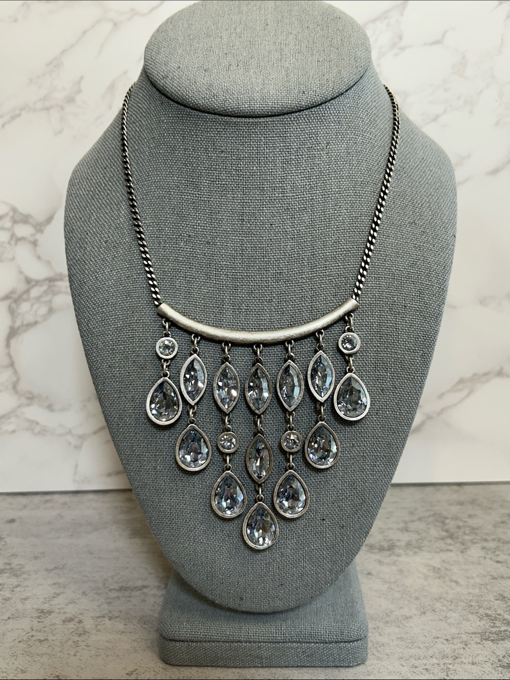 Touchstone Crystal Silver-Tone Teardrop Swarovski Crystal Fringe Necklace